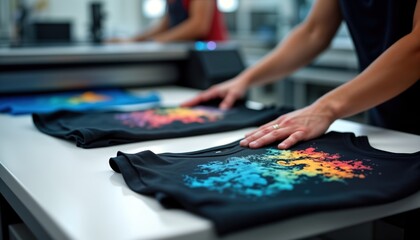 Person arranges colorful printed t-shirts on white table in modern workshop. Innovative tech shirt printing machine in background. Modern textile production process in action. Focus on clothes