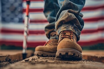 Construction worker wearing dirty boots standing on a construction site with an american flag in the background