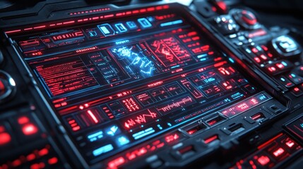 Obraz premium Futuristic digital interface with red and blue glowing displays.