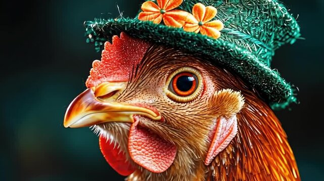 Charming chicken in green hat with orange flowers against dark background. Happy St. Patrick's day.