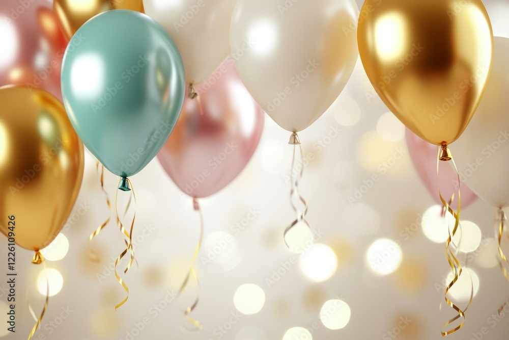 Poster bunch of balloons in different colors and sizes are floating in the air