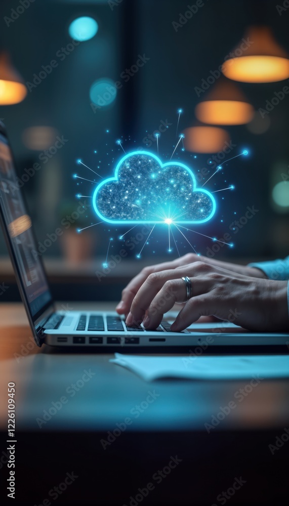 Poster businessman types on laptop with cloud computing icon. modern tech concept of digital innovation. wo