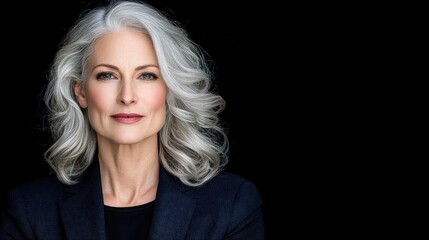 Fototapeta premium Confident mature businesswoman with elegant wavy silver hair posing for a professional portrait against a black studio background.