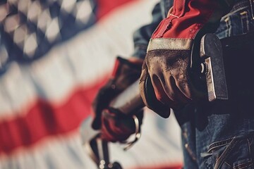 Oil worker holding an industrial valve with a large american flag in the background