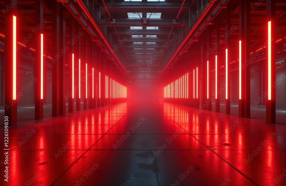 Poster futuristic warehouse interior glows with vibrant red neon lights. empty space with dark mood, modern