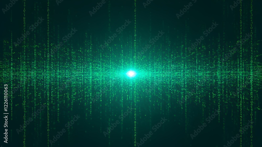 Poster dynamic green light patterns digital space abstract visuals high-tech environment close-up view ener