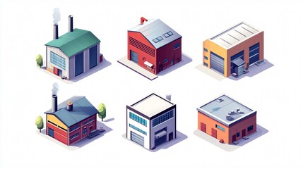 Modern industrial facility isometric icon with wide angle view for manufacturing concepts