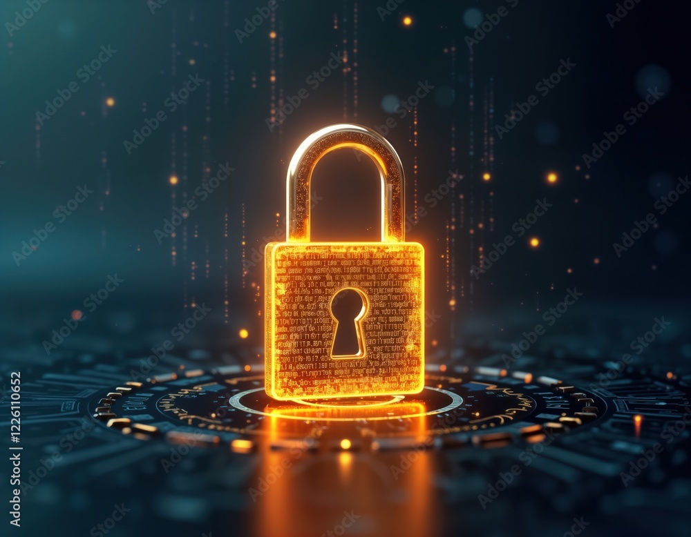 Poster glowing digital padlock cybersecurity. secure data protection, tech innovation prominent. encryption