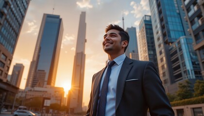 A happy, successful Indian businessman standing confidently in the street of a modern city, surrounded by towering skyscrapers during a sunset.