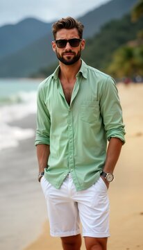 Handsome man with beard wears light green linen shirt, white shorts stands on beach by ocean. Summer day. Man looks directly at camera. Beach vacation. Casual summer fashion. Man enjoys day at beach.