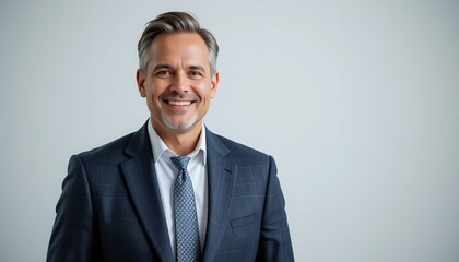 A confident, smiling mature businessman in his mid-40s, dressed in a tailored suit, standing against a clean white background.