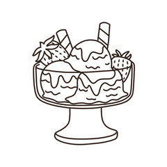 Sorbetes ice cream in a clear bowl with chocolate sauce, strawberries and wafer rolls on top. Thin line illustration.
