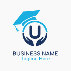 Initial U Education Logo with Graduation Logo. School Education Care and Hand Logo Concept. Student Help Logo Design Vector © Partinem