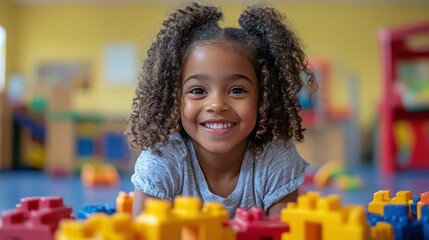 A joyful child with curly hair delights in playing with colorful building blocks, showcasing the pure happiness of imaginative playtime in a vibrant room setting.