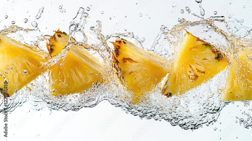 Poster slices of pineapple splashing in water in a dynamic and refreshing composition