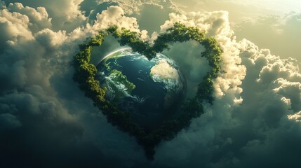 Lush green forest shaped as heart surrounds earth amidst clouds, symbolizing love for nature, earth day, ecology, and environmental pollution awareness
