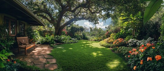 Serene Tropical Garden Paradise: Lush Landscaping with Wooden Bench