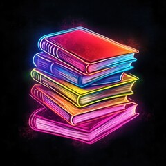 Vibrant neon stack of books on dark background.