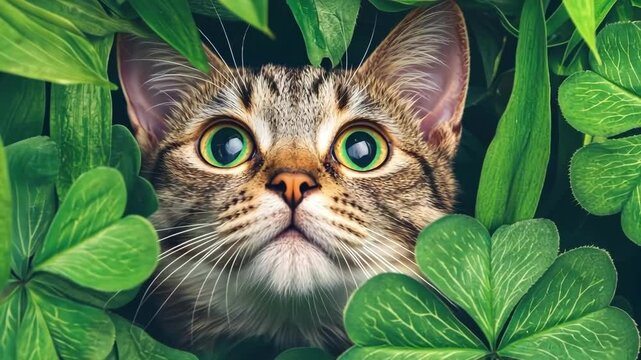Curious tabby cat peeking through lush green shamrocks. Happy St. Patrick's day.