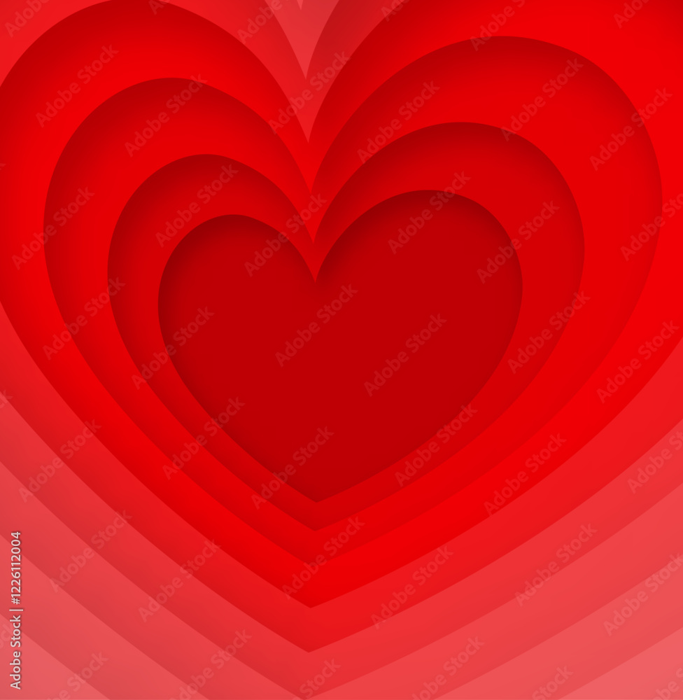 Poster bold red heart design with layered gradient tones creating depth and a romantic, modern look. vector