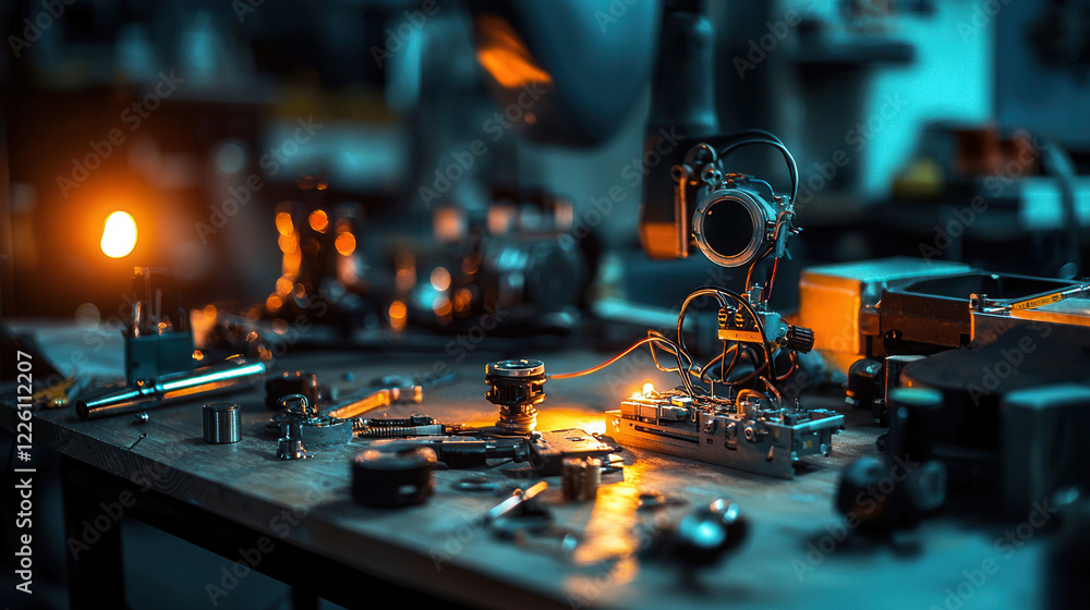 Poster detailed view of workshop table filled with various mechanical parts and tools, showcasing intricate