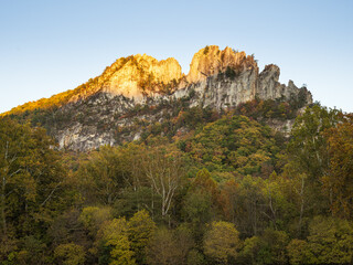Seneca Rocks summit lit in the sunset with trees in fall colors in the foreground