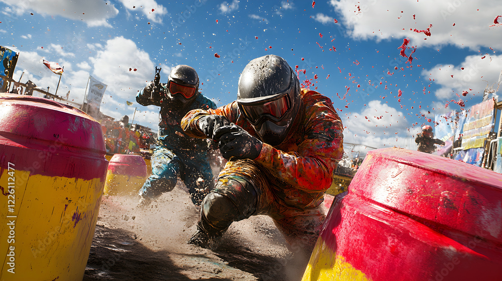 Wall mural adrenaline chase: paintball players strategically duck behind obstacles in intense game of skill and