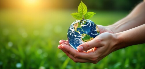 Person holds crystal earth globe with new green plant on top. Eco friendly image shows care for planet. Earth Day concept. Ideal for eco campaigns. Sustainable living theme. Protect environment.