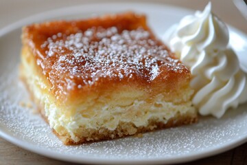 Delicious slice of creamy dessert on a plate with whipped cream, set on a wooden table background