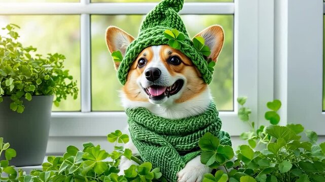 Corgi in green knit outfit surrounded by shamrocks near a bright window. Happy St. Patrick's day.