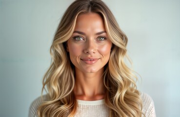 Naklejka premium Attractive blonde woman with healthy wavy hair stands in front of white background. Expression pleasant, friendly. Photo suitable for beauty, fashion magazines, hair salons, online beauty stores.