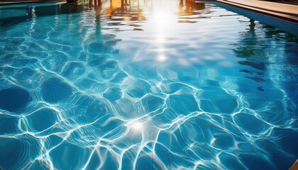 Vibrant Summer Day at a Blue Poolside Sparkling Reflections, Sunlit Ripples, and Teak Pool Furniture Under the Bright Sunlight Perfect for Resort Marketing