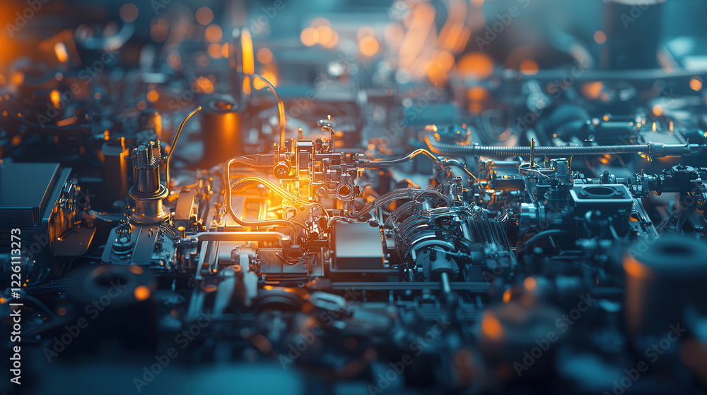 Poster close up view of intricate machinery with glowing components, showcasing advanced technology and eng