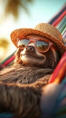 Relaxing sloth enjoys a hammock in a tropical paradise with summer vibes and bright hues