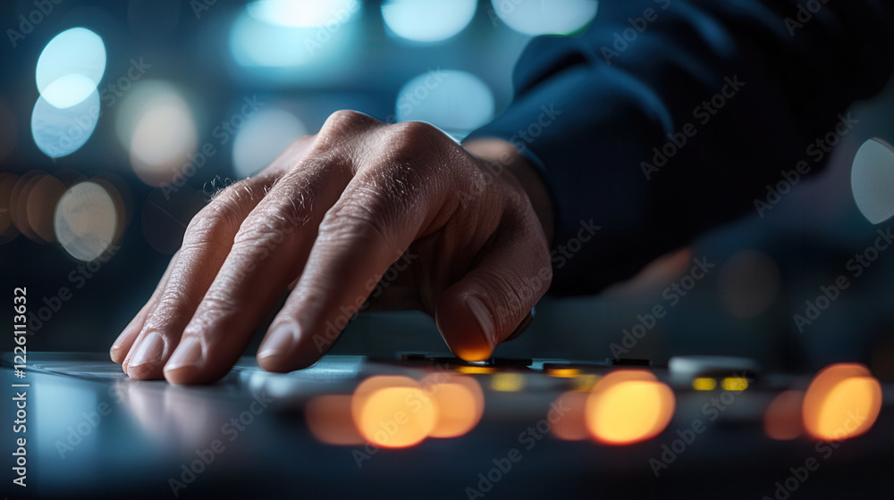 Poster hand adjusting controls on device, showcasing precision and focus in modern environment