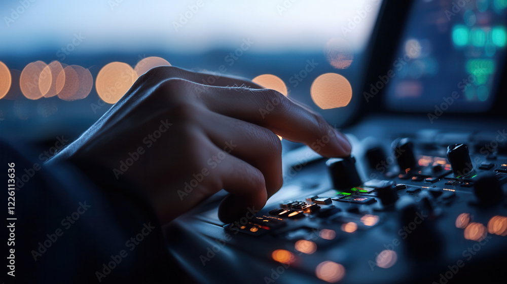 Poster hand adjusting controls on professional audio mixing console at dusk, creating focused atmosphere