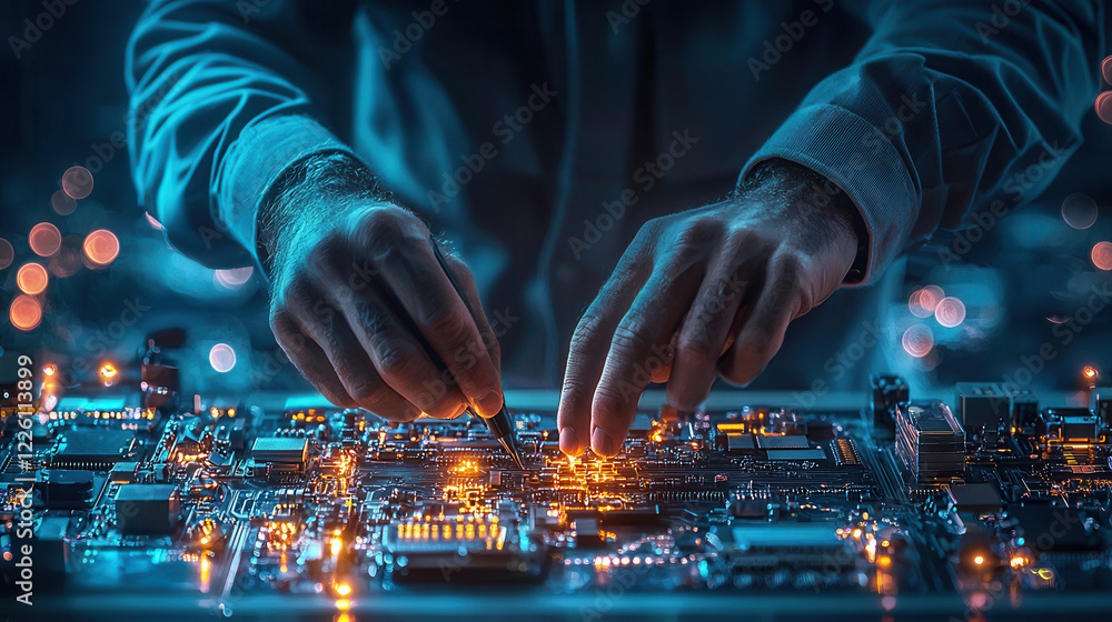 Poster technician working on circuit board, inspecting electrical components with precision and focus in di