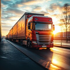 Red Cargo Truck Driving on a Highway at Sunrise with Beautiful Sky and Empty Road Ahead, Capturing the Essence of Modern Transportation and Long Haul Freight Logistics Industry