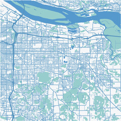 Map of Gresham in Oregon in a professional blue style. Contains layered vector with roads water, parks, etc.