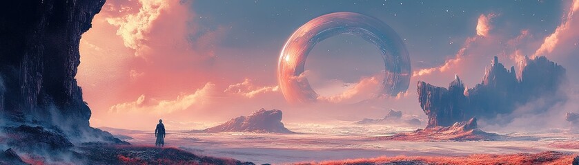 Obraz premium Mystical adventure in a surreal landscape cosmic ring in the sky fantasy art dreamy environment wide-angle view exploration concept