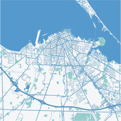 Map of Sandusky in Ohia in a professional blue style. Contains layered vector with roads water, parks, etc.