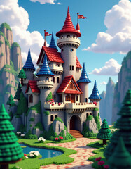 Colorful Fairy Tale Castle Surrounded By Lush Green Forest And Blue Skies On A Bright Day