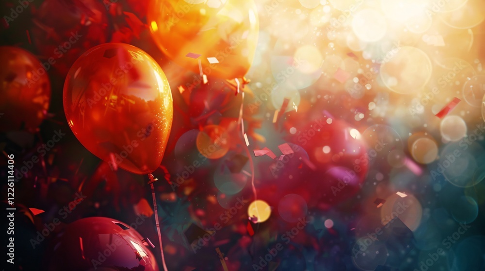 Poster red and orange balloons floating with falling confetti on a sunny day