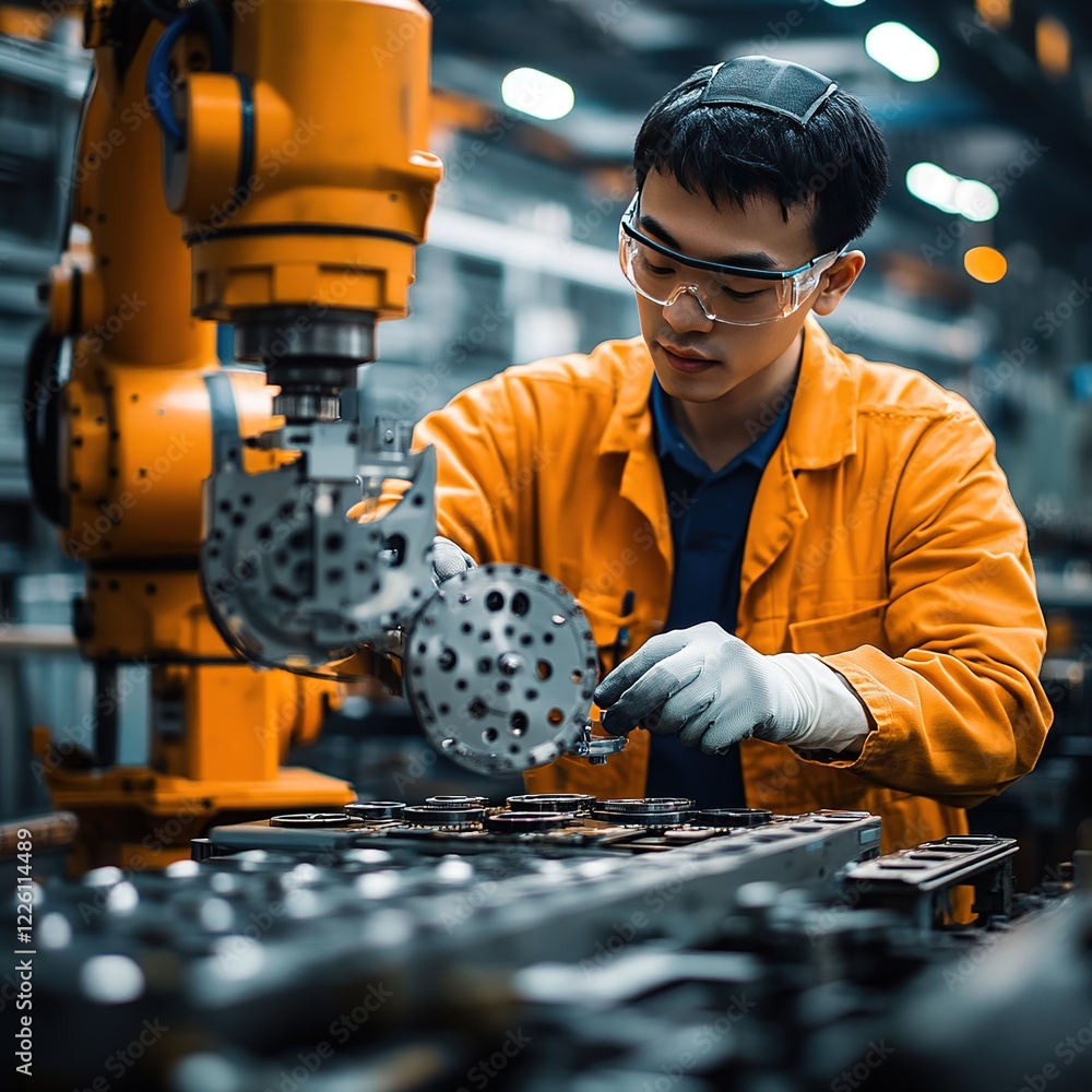 Poster robotic arm assembling components factory setting industrial process modern machinery close-up view 