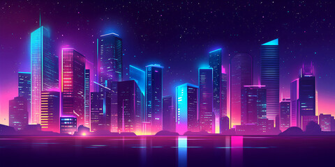 Futuristic Night Cityscape with Neon Lights and Urban Architecture