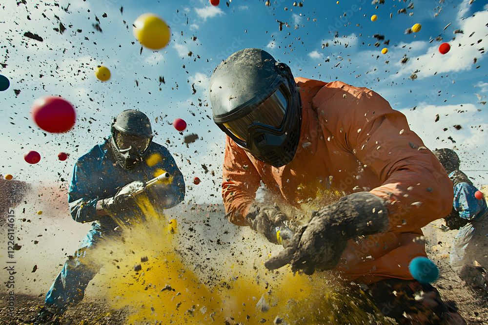 Wall mural adrenaline chase: paintball players strategically duck behind obstacles in intense game of skill and