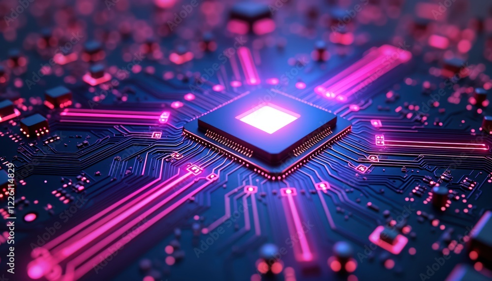 Poster futuristic tech circuit board glowing in neon purple light. detailed microprocessor component in cen