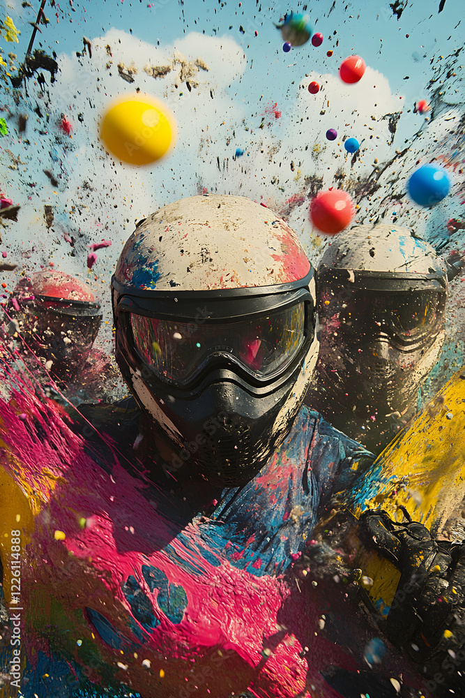 Wall mural adrenaline chase: paintball players strategically duck behind obstacles in intense game of skill and