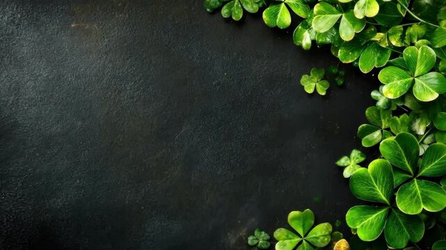 Vibrant clover leaves and gold glitter on dark background. Happy St. Patrick's Day
