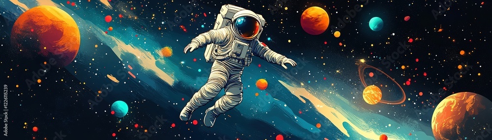 Poster astronaut floating in space among planets cosmic scene digital art vast universe side view explorati